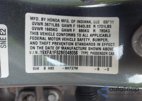2011 Honda Civic Lx z USA, uszkodzony, nr VIN 19XFA1F52BE048058